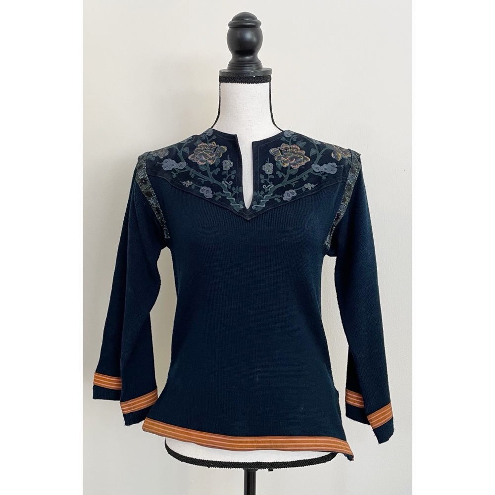 Vintage 70s Hand-painted Suede and Knit Sweater